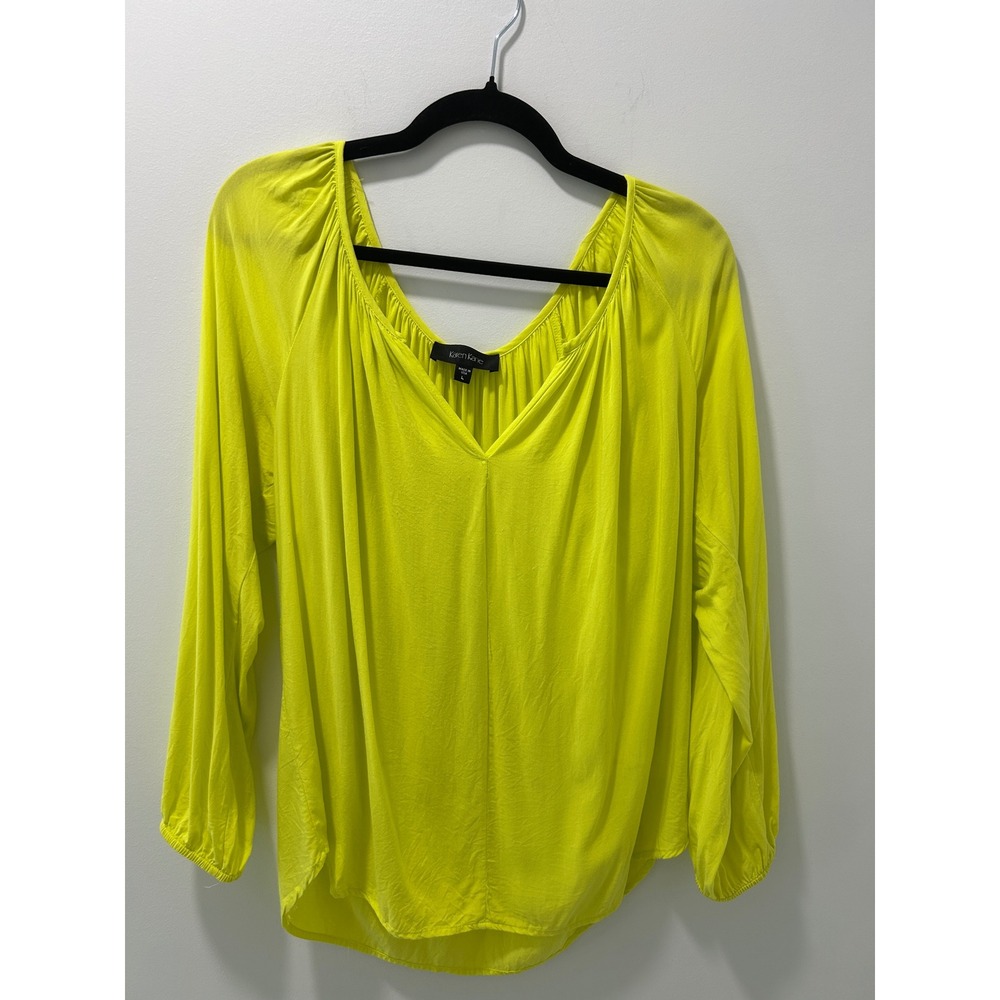 Karen Kane Womens Neon Yellow V-Neck Long Sleeve Viscose‎ Blouse Top Large